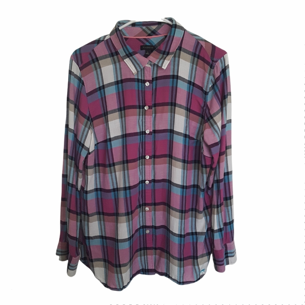 Talbots Large Multi-Colored Plaid Button-Down Cot… - image 3